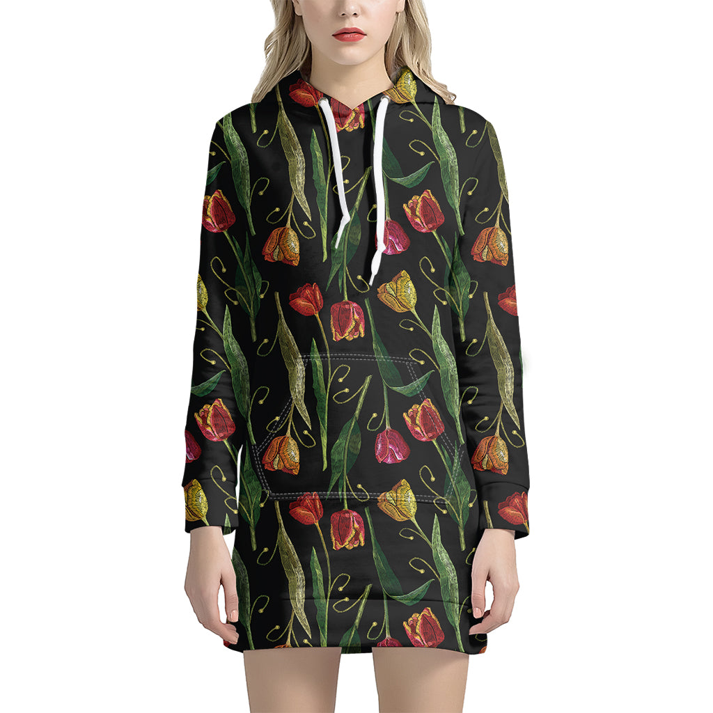 Embroidery Tulip Pattern Print Hoodie Dress