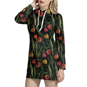 Embroidery Tulip Pattern Print Hoodie Dress