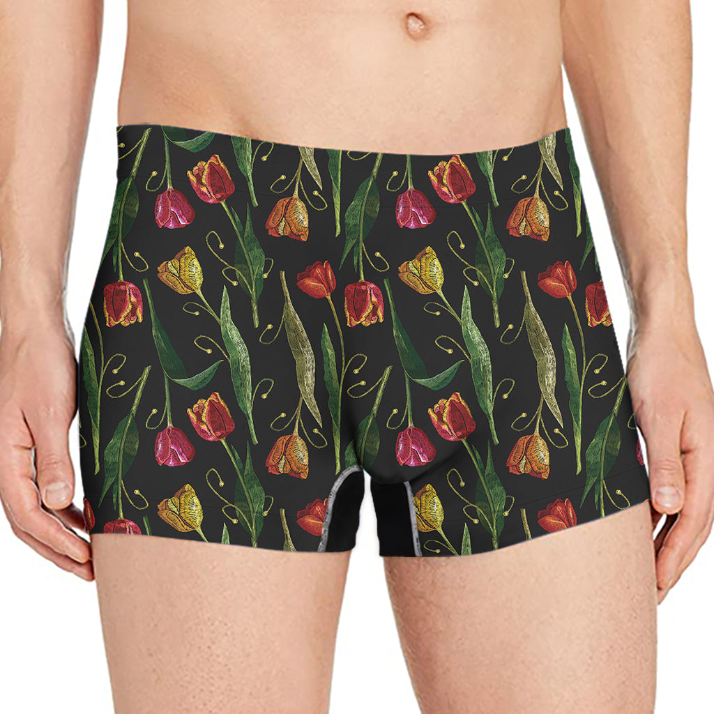 Embroidery Tulip Pattern Print Men's Boxer Briefs