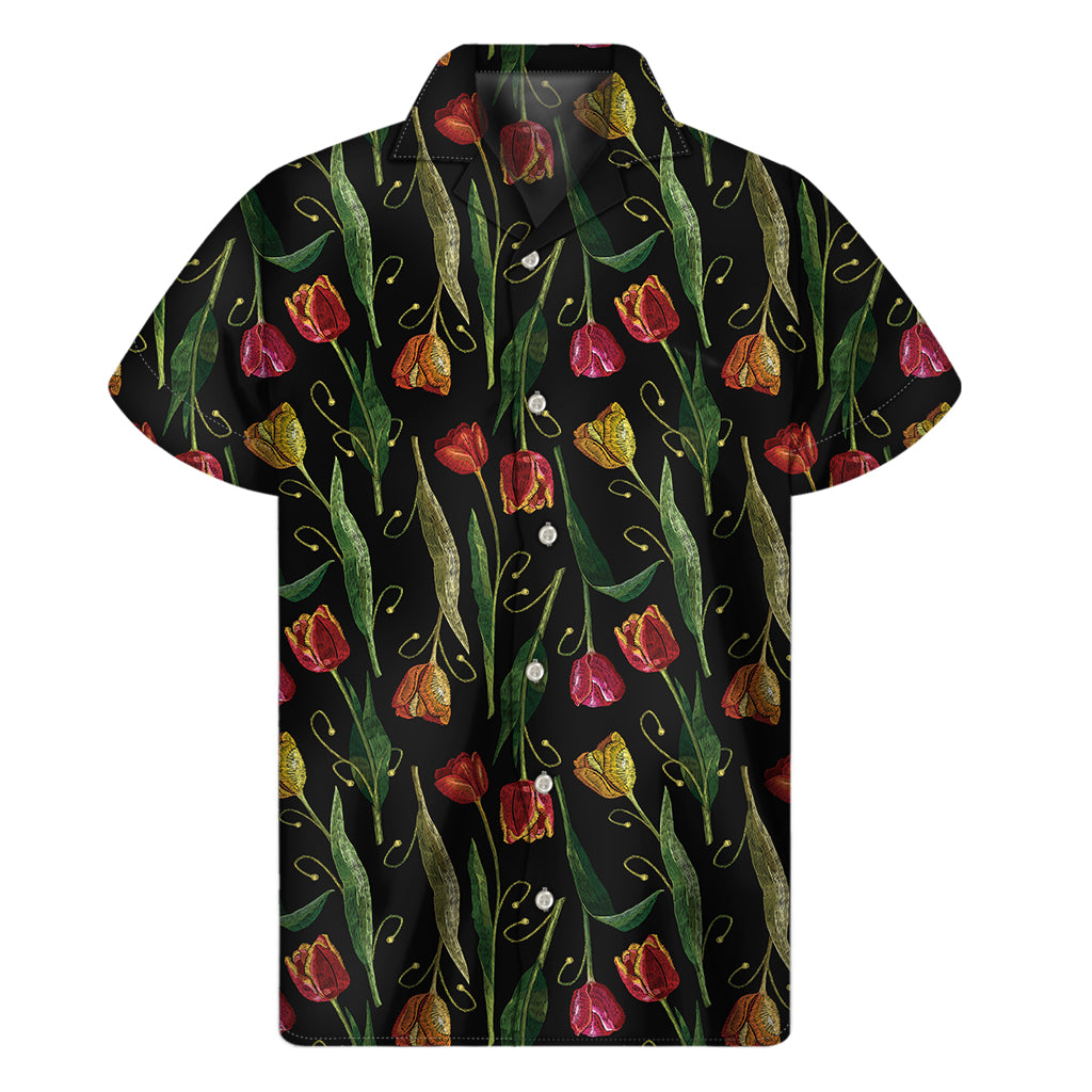Embroidery Tulip Pattern Print Men's Short Sleeve Shirt