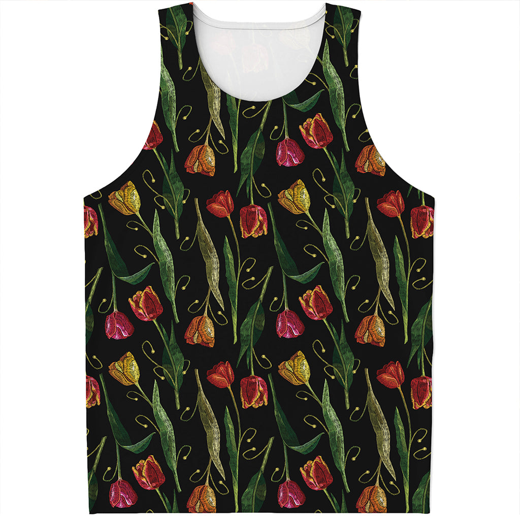 Embroidery Tulip Pattern Print Men's Tank Top