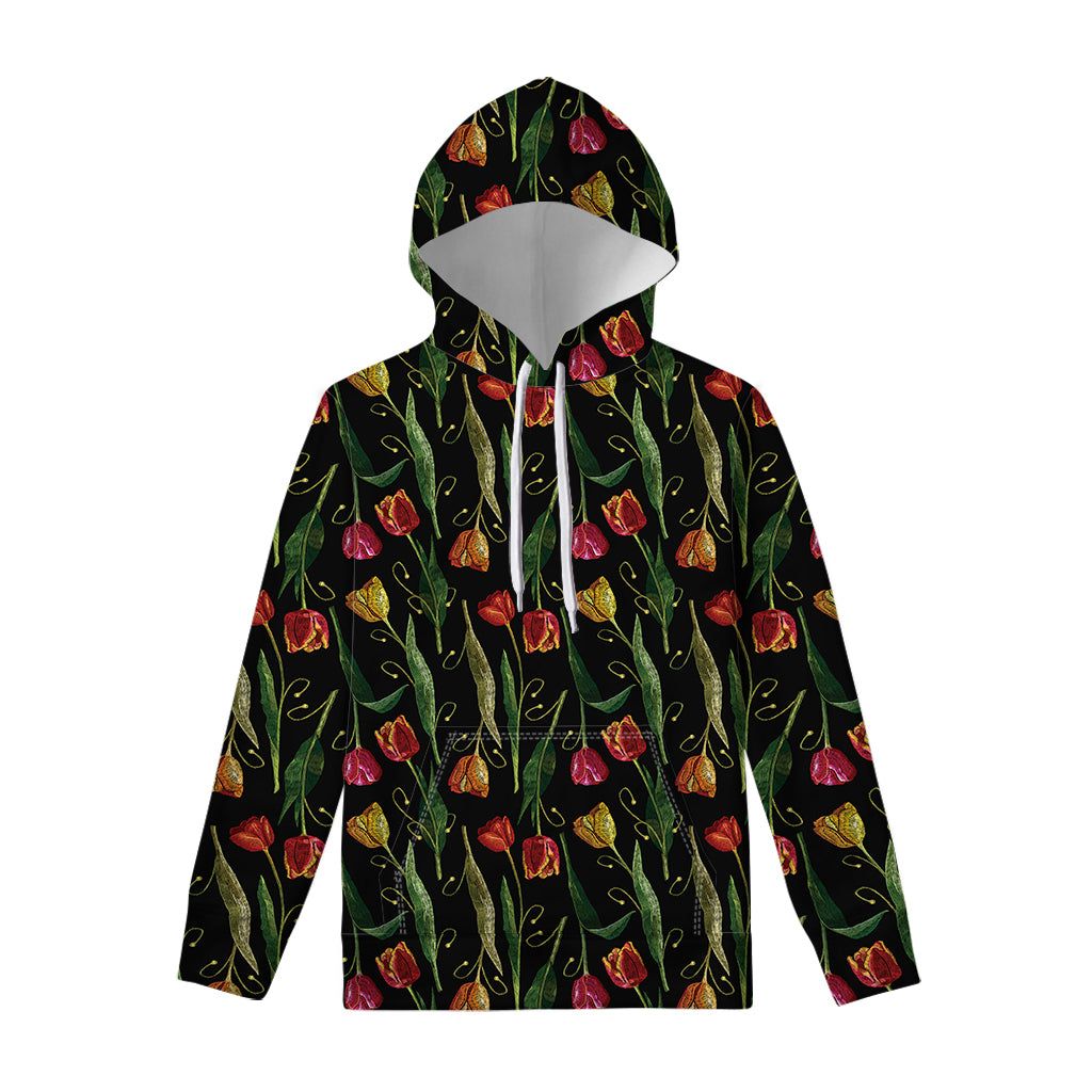 Embroidery Tulip Pattern Print Pullover Hoodie