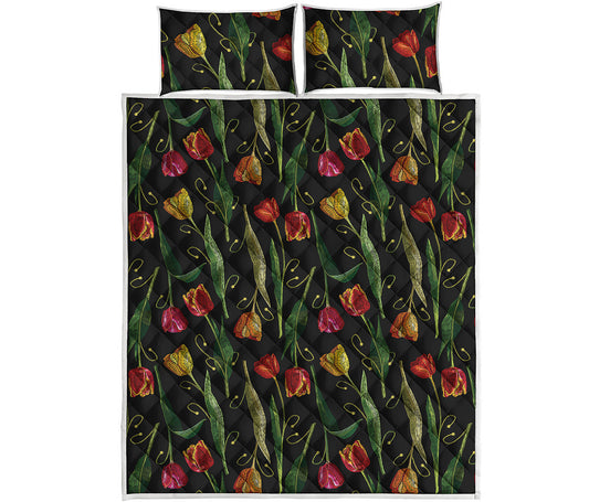 Embroidery Tulip Pattern Print Quilt Bed Set
