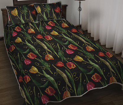 Embroidery Tulip Pattern Print Quilt Bed Set