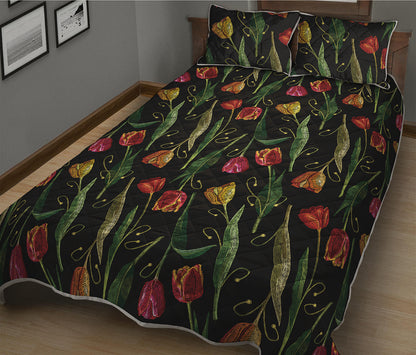 Embroidery Tulip Pattern Print Quilt Bed Set