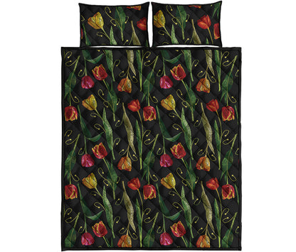 Embroidery Tulip Pattern Print Quilt Bed Set