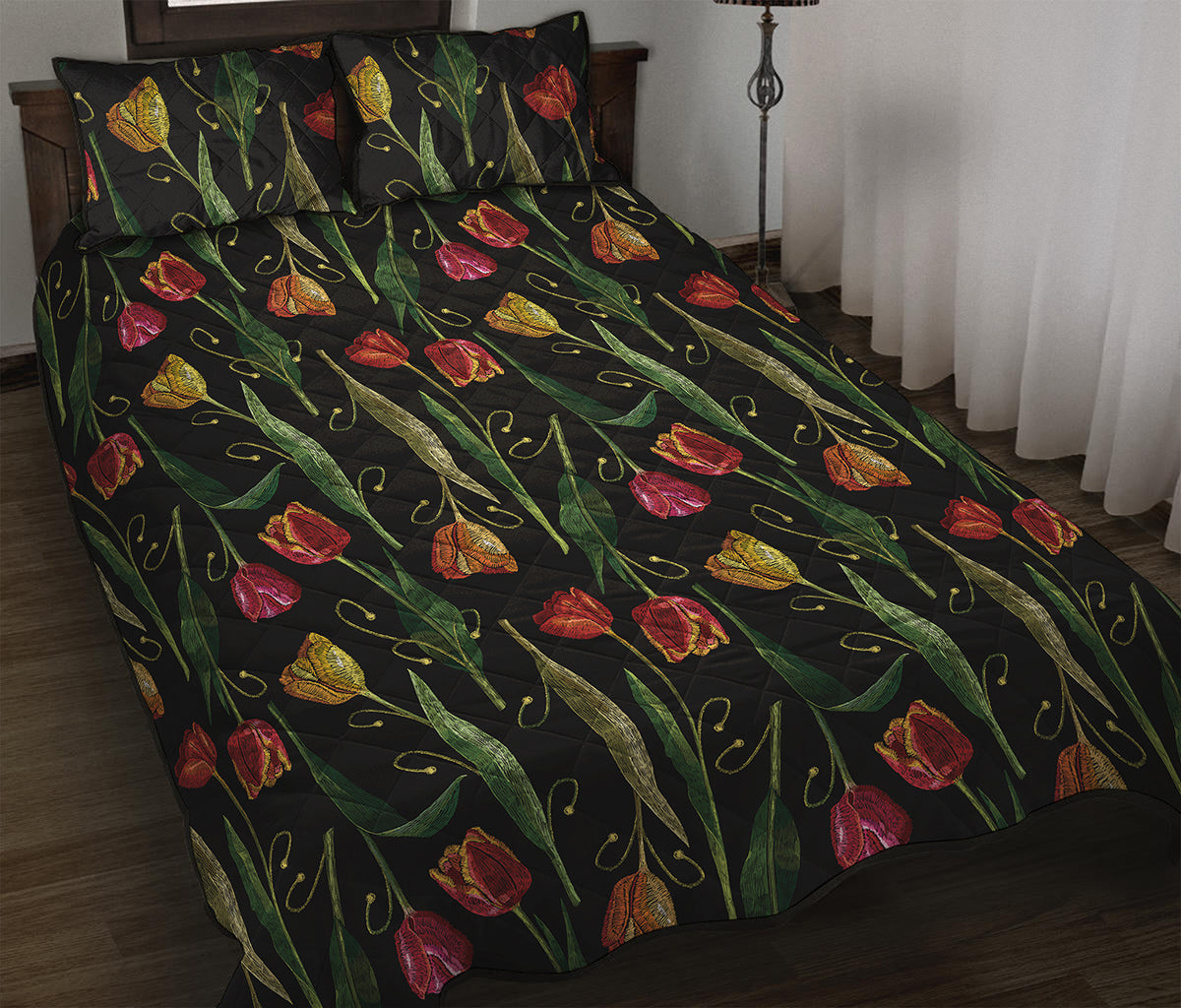 Embroidery Tulip Pattern Print Quilt Bed Set