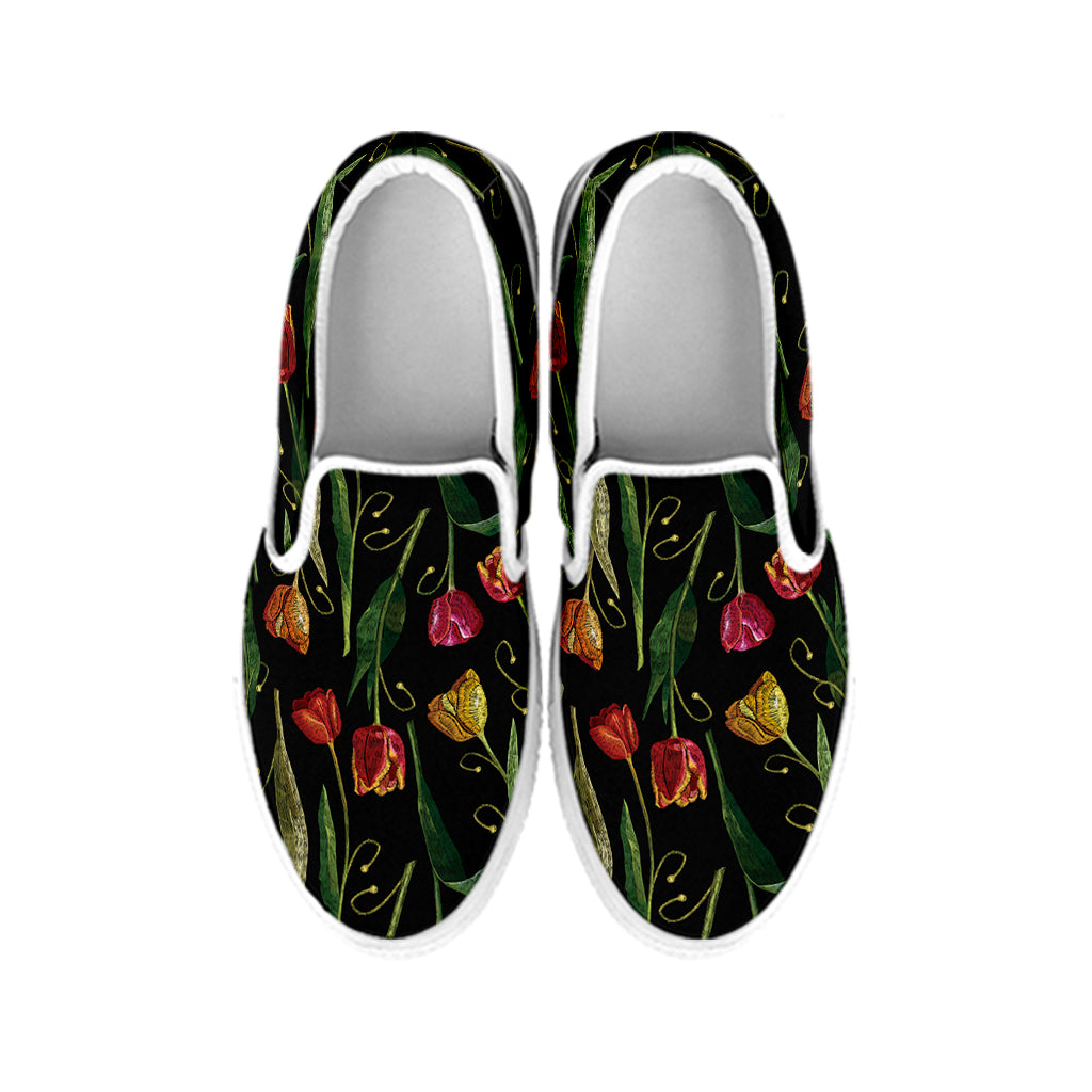 Embroidery Tulip Pattern Print White Slip On Shoes