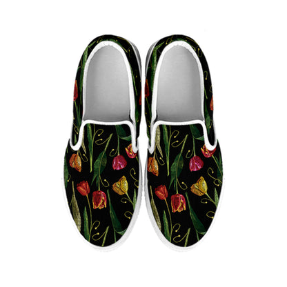 Embroidery Tulip Pattern Print White Slip On Shoes