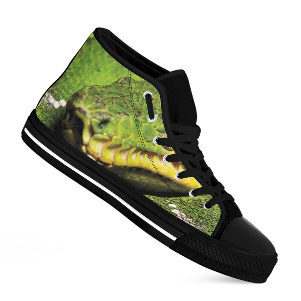 Emerald Tree Boa Snake Print Black High Top Shoes