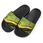 Emerald Tree Boa Snake Print Black Slide Sandals