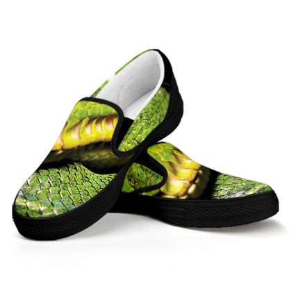 Emerald Tree Boa Snake Print Black Slip On Shoes