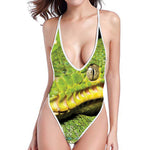 Emerald Tree Boa Snake Print High Cut One Piece Swimsuit