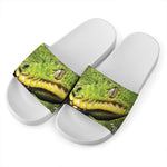 Emerald Tree Boa Snake Print White Slide Sandals