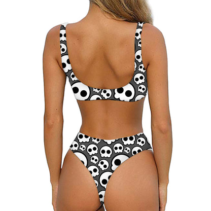 Emo Skull Pattern Print Front Bow Tie Bikini