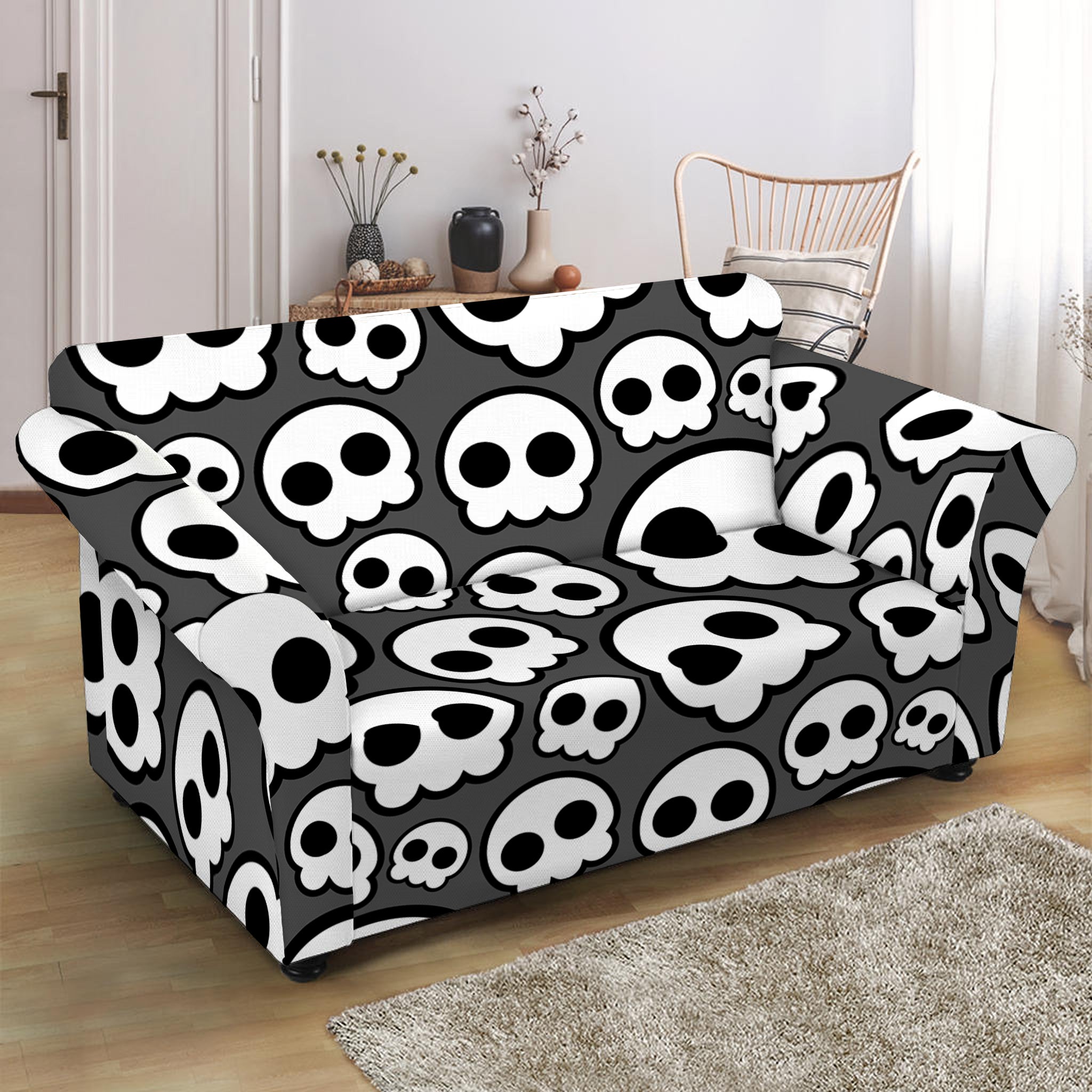 Emo Skull Pattern Print Loveseat Slipcover