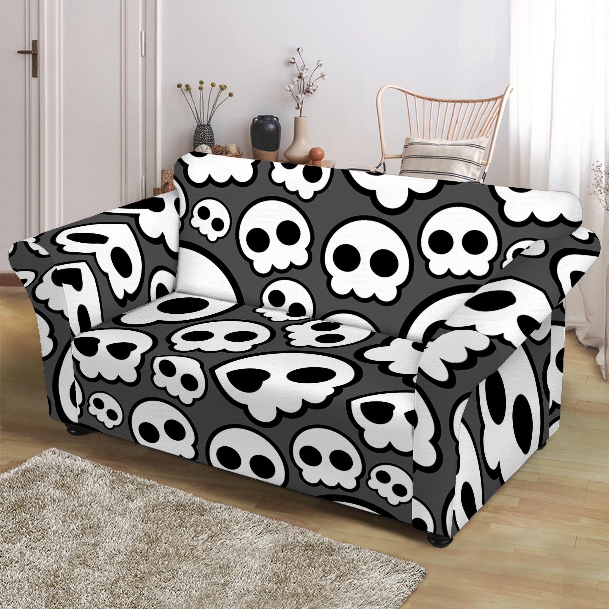 Emo Skull Pattern Print Loveseat Slipcover