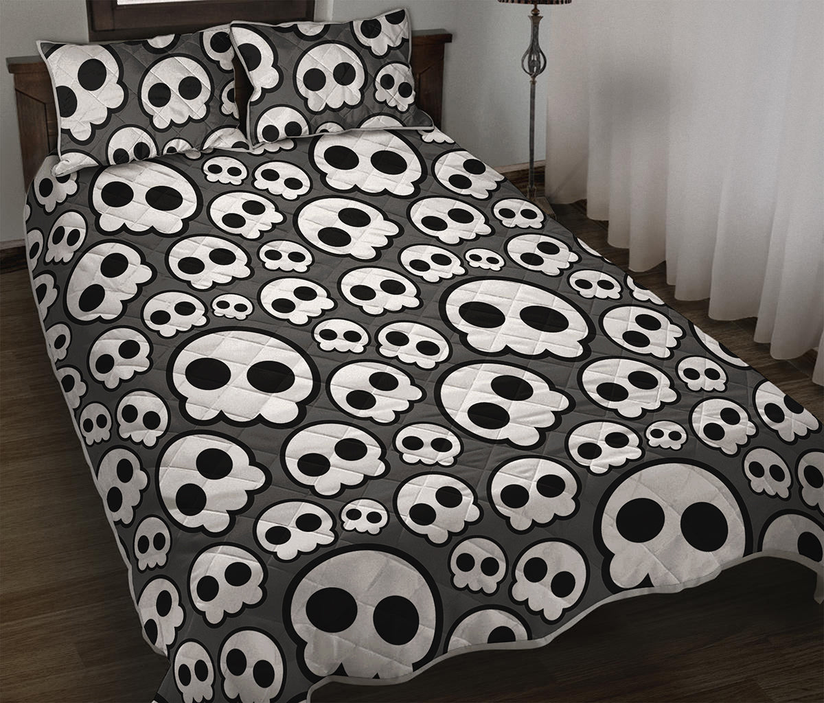 Emo Skull Pattern Print Quilt Bed Set