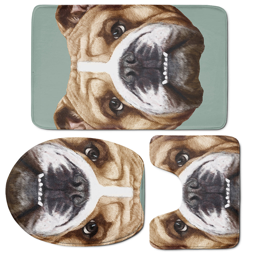 English Bulldog Portrait Print 3 Piece Bath Mat Set