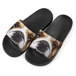 English Bulldog Portrait Print Black Slide Sandals