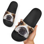 English Bulldog Portrait Print Black Slide Sandals