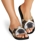 English Bulldog Portrait Print Black Slide Sandals