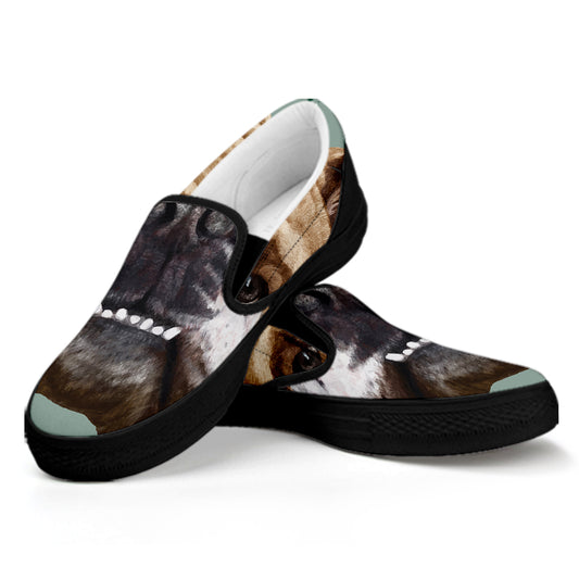 English Bulldog Portrait Print Black Slip On Shoes