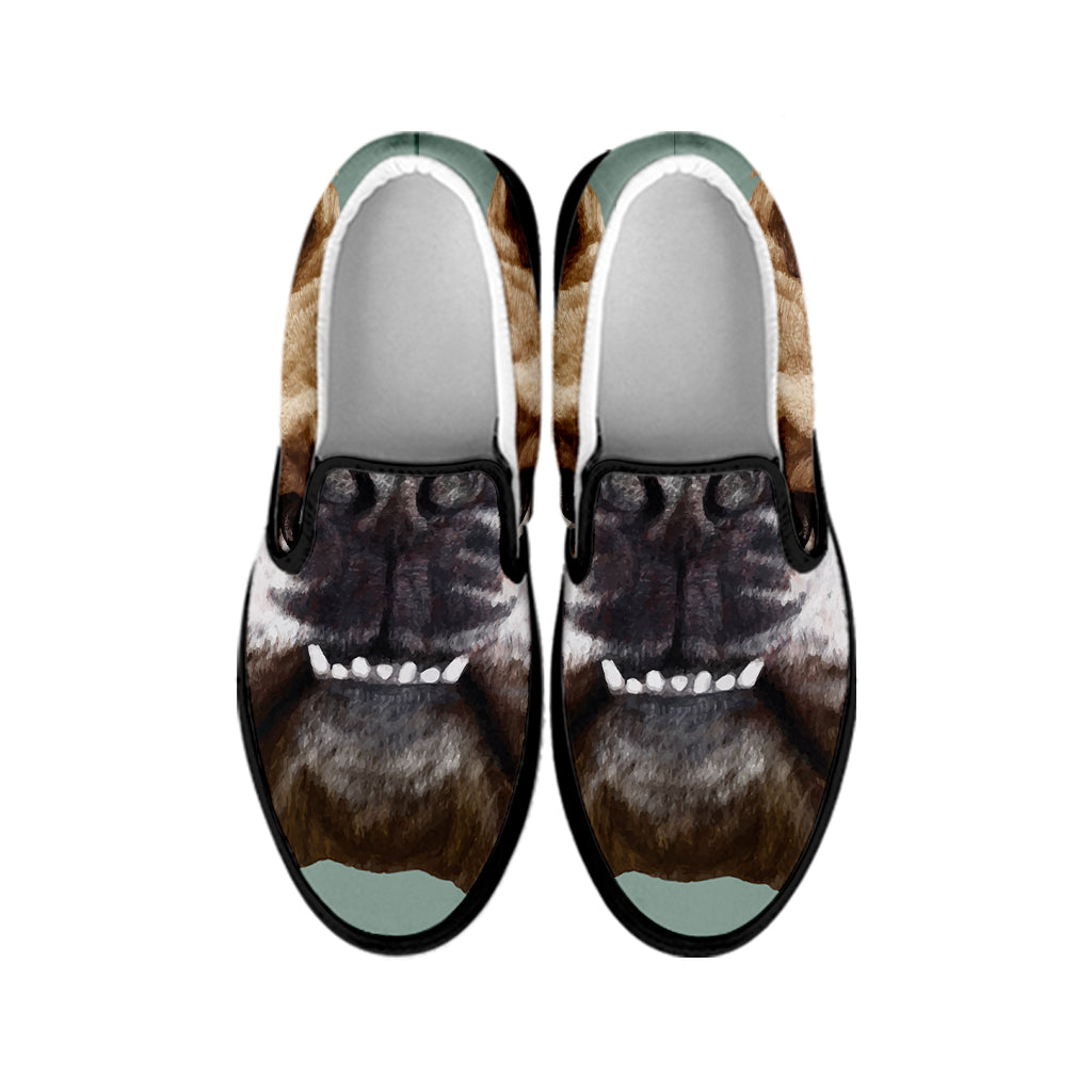 English Bulldog Portrait Print Black Slip On Shoes