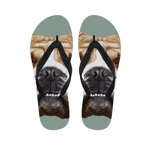 English Bulldog Portrait Print Flip Flops