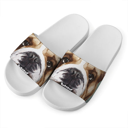 English Bulldog Portrait Print White Slide Sandals
