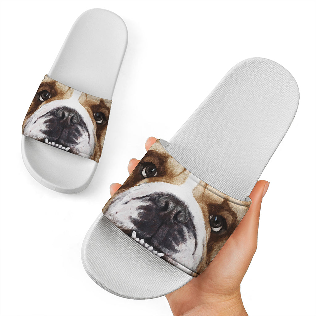 English Bulldog Portrait Print White Slide Sandals