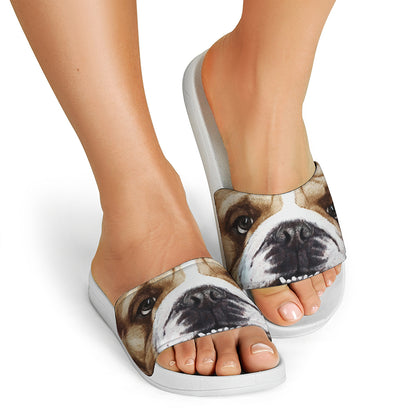 English Bulldog Portrait Print White Slide Sandals