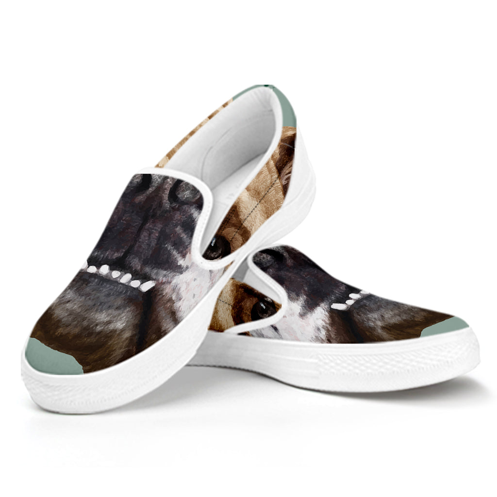English Bulldog Portrait Print White Slip On Shoes