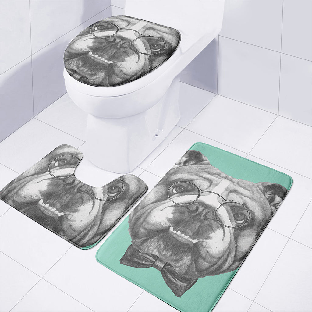 English Bulldog With Glasses Print 3 Piece Bath Mat Set