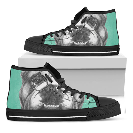 English Bulldog With Glasses Print Black High Top Shoes