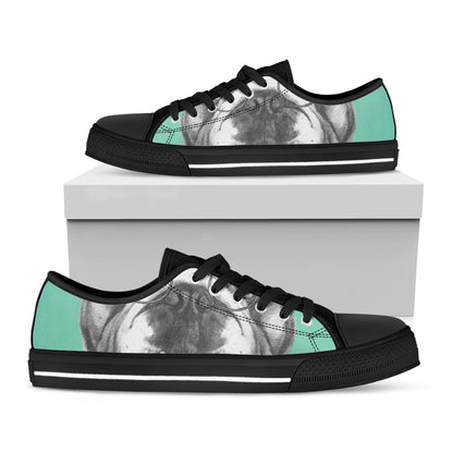 English Bulldog With Glasses Print Black Low Top Shoes 