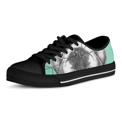 English Bulldog With Glasses Print Black Low Top Shoes 
