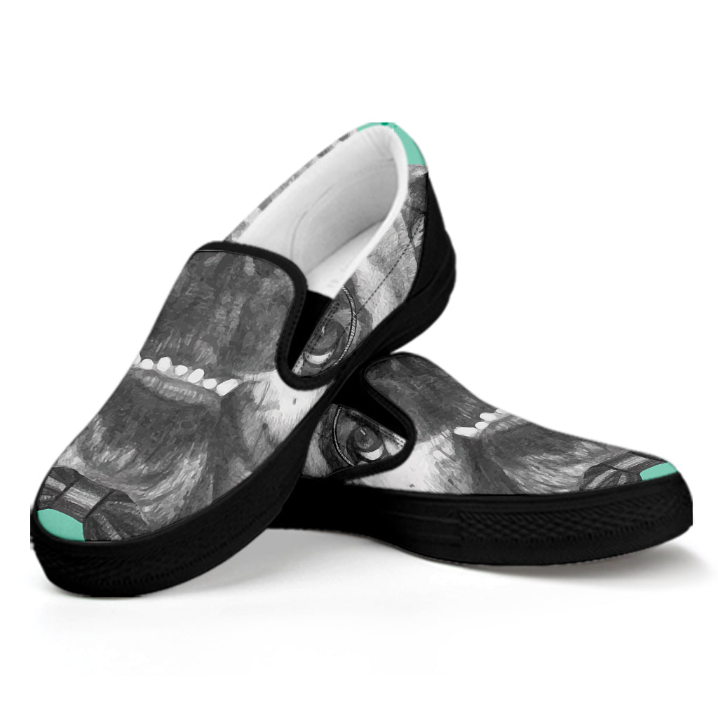 English Bulldog With Glasses Print Black Slip On Shoes