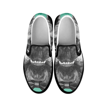 English Bulldog With Glasses Print Black Slip On Shoes