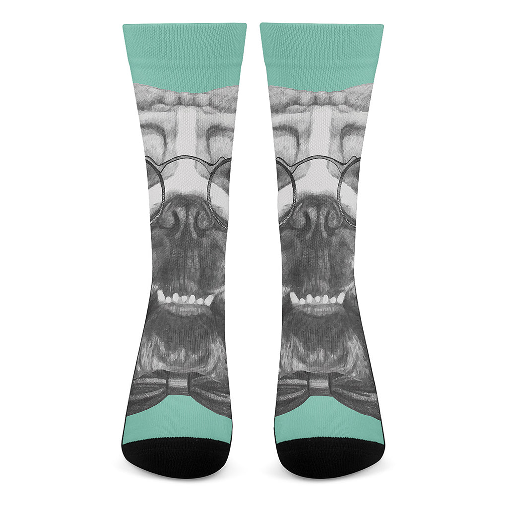English Bulldog With Glasses Print Crew Socks
