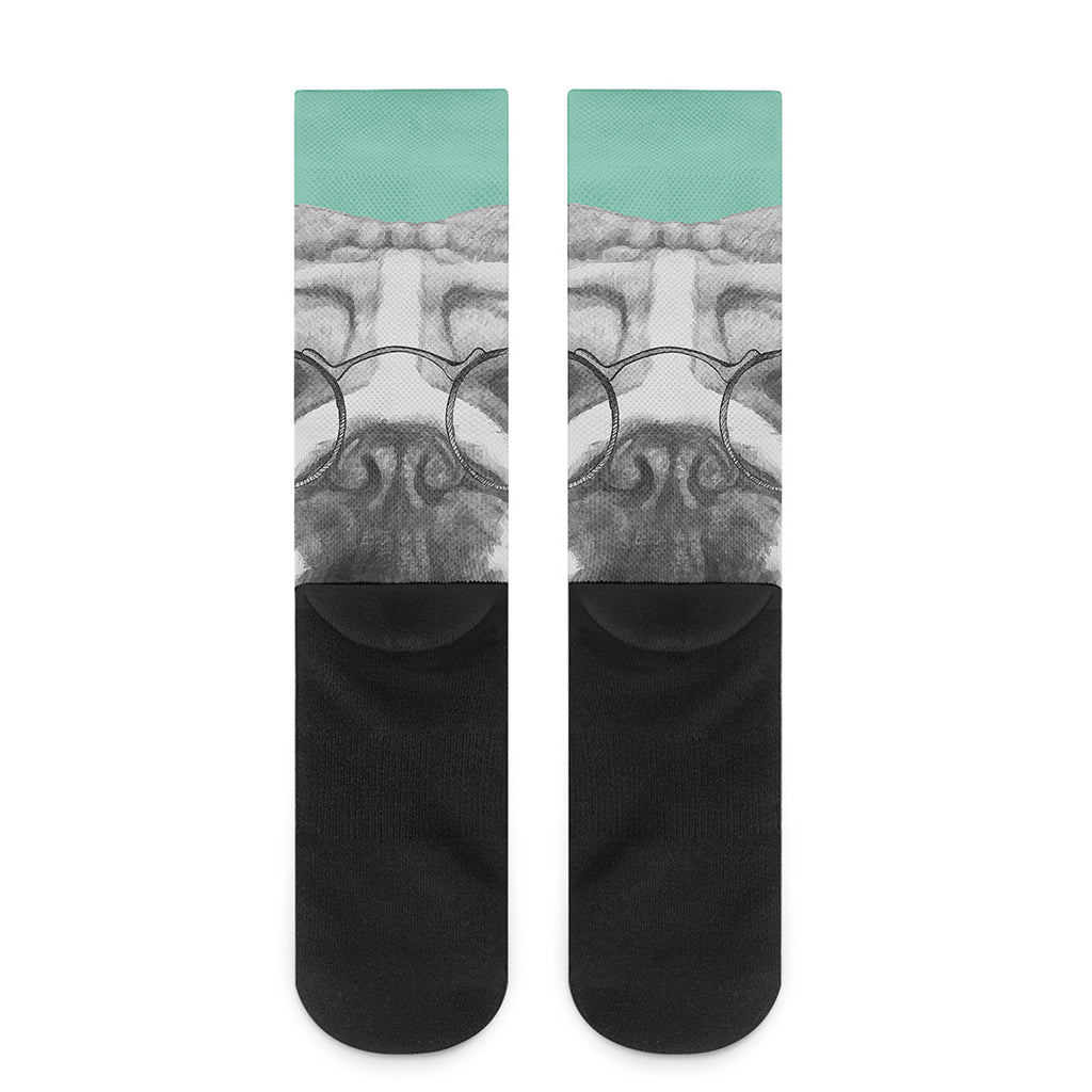 English Bulldog With Glasses Print Crew Socks