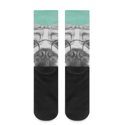 English Bulldog With Glasses Print Crew Socks
