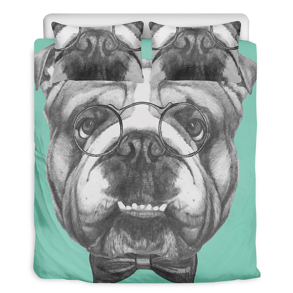 English Bulldog With Glasses Print Duvet Cover Bedding Set