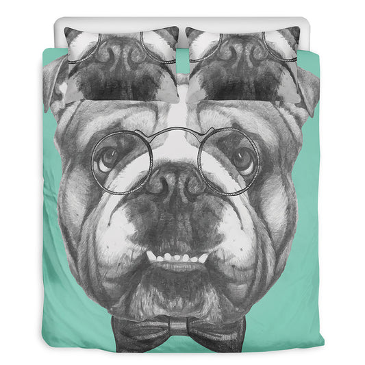 English Bulldog With Glasses Print Duvet Cover Bedding Set