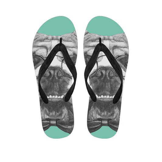 English Bulldog With Glasses Print Flip Flops