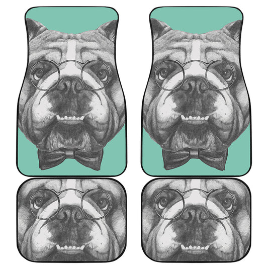 English Bulldog With Glasses Print Front and Back Car Floor Mats