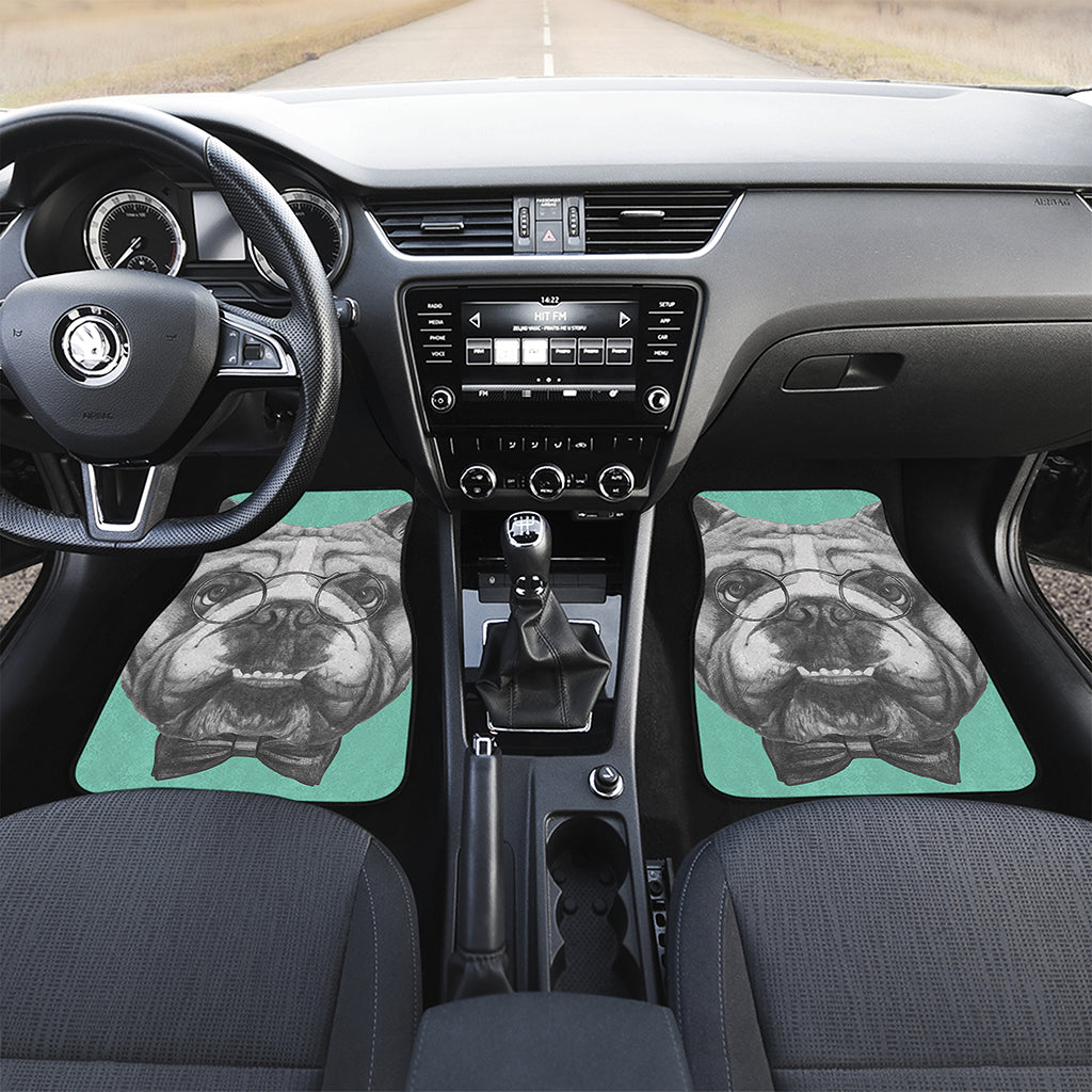 English Bulldog With Glasses Print Front and Back Car Floor Mats