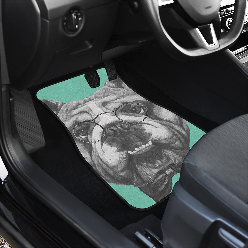English Bulldog With Glasses Print Front and Back Car Floor Mats