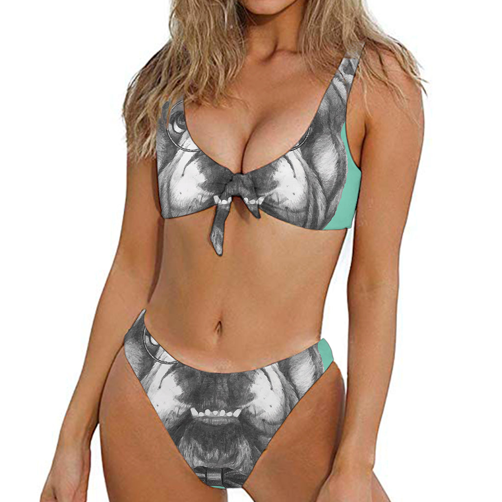 English Bulldog With Glasses Print Front Bow Tie Bikini