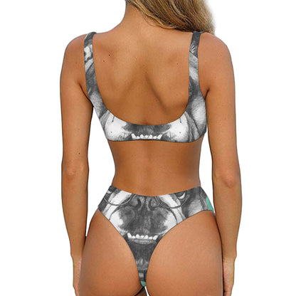 English Bulldog With Glasses Print Front Bow Tie Bikini